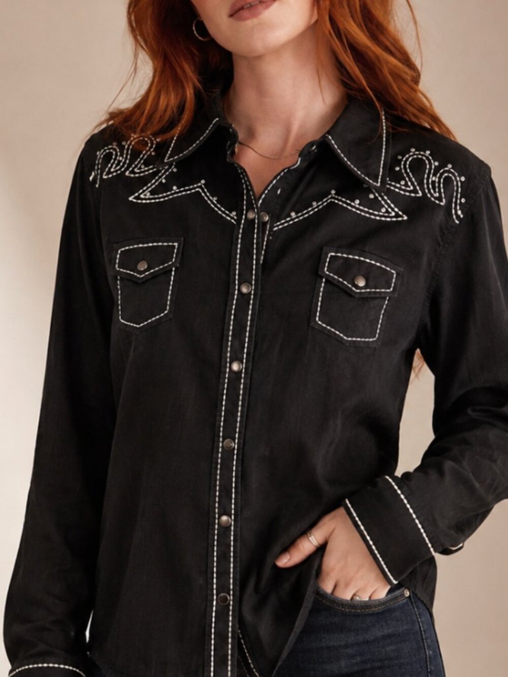 Cruel Girl Black Western Snap Shirt Cross Embroidery Rhinestone Trim Cowboy L